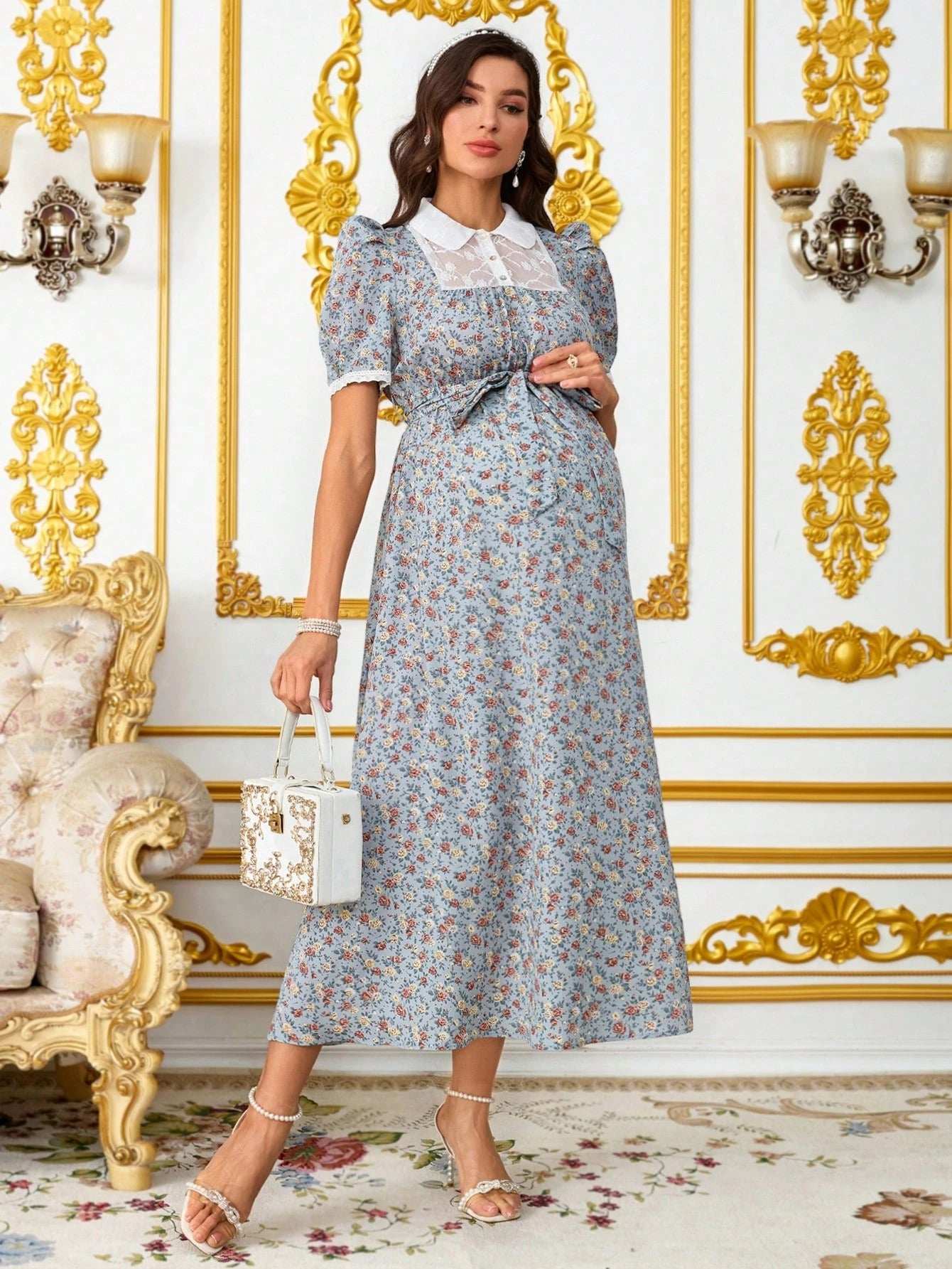 فستان أنيق للنساء الحوامل مع طبعات زهرية صغيرة، لمسات من الدانتيل، فستان صيفي أنيق وواسع للنساء في فترة الحمل - Pink&blue