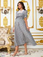 فستان أنيق للنساء الحوامل مع طبعات زهرية صغيرة، لمسات من الدانتيل، فستان صيفي أنيق وواسع للنساء في فترة الحمل - Pink&blue