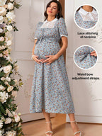 فستان أنيق للنساء الحوامل مع طبعات زهرية صغيرة، لمسات من الدانتيل، فستان صيفي أنيق وواسع للنساء في فترة الحمل - Pink&blue