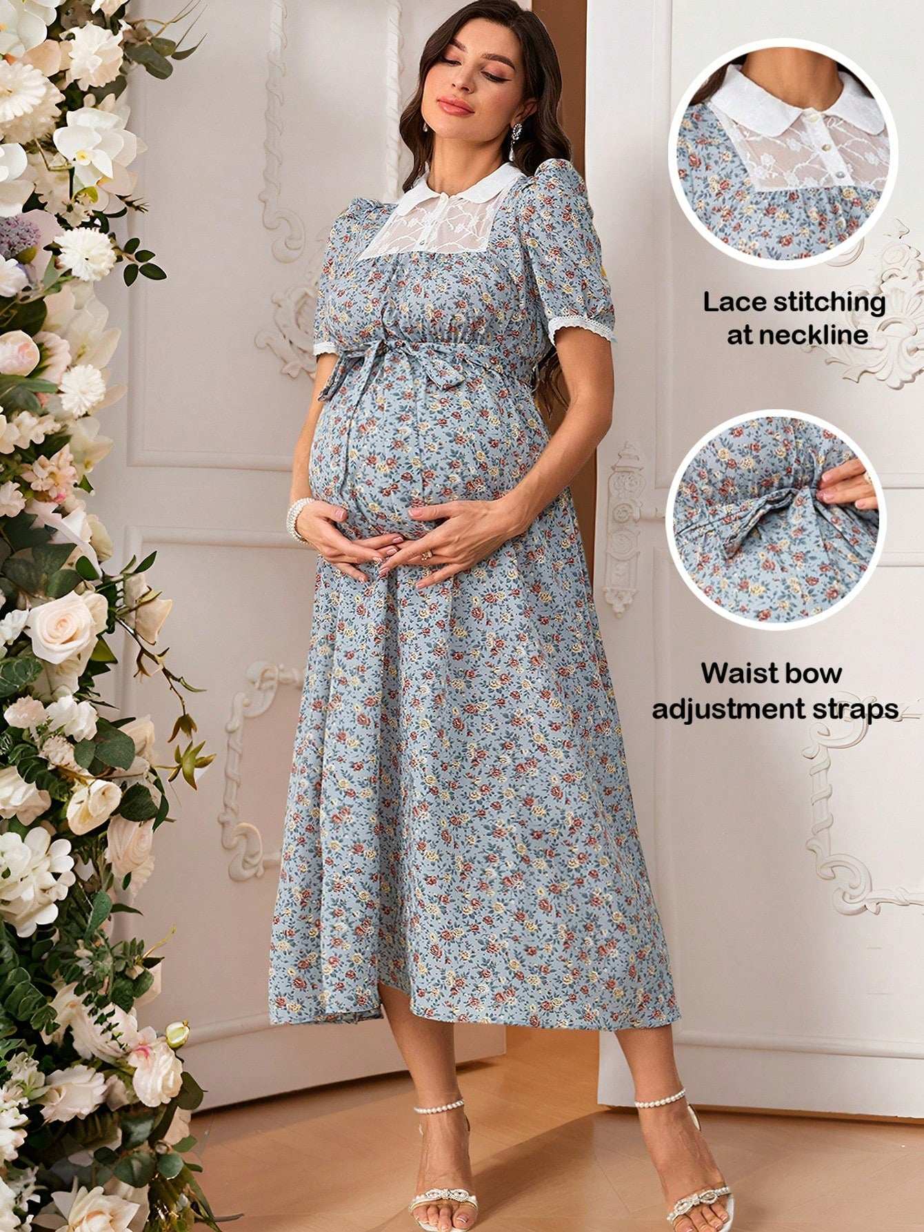 فستان أنيق للنساء الحوامل مع طبعات زهرية صغيرة، لمسات من الدانتيل، فستان صيفي أنيق وواسع للنساء في فترة الحمل - Pink&blue