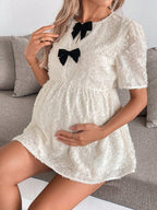 قميص مكسور قصير الأكمام به كشكشة في الذيل مزين بعقدة لحوامل - Pink&blue