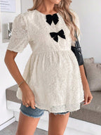 قميص مكسور قصير الأكمام به كشكشة في الذيل مزين بعقدة لحوامل - Pink&blue