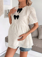 قميص مكسور قصير الأكمام به كشكشة في الذيل مزين بعقدة لحوامل - Pink&blue