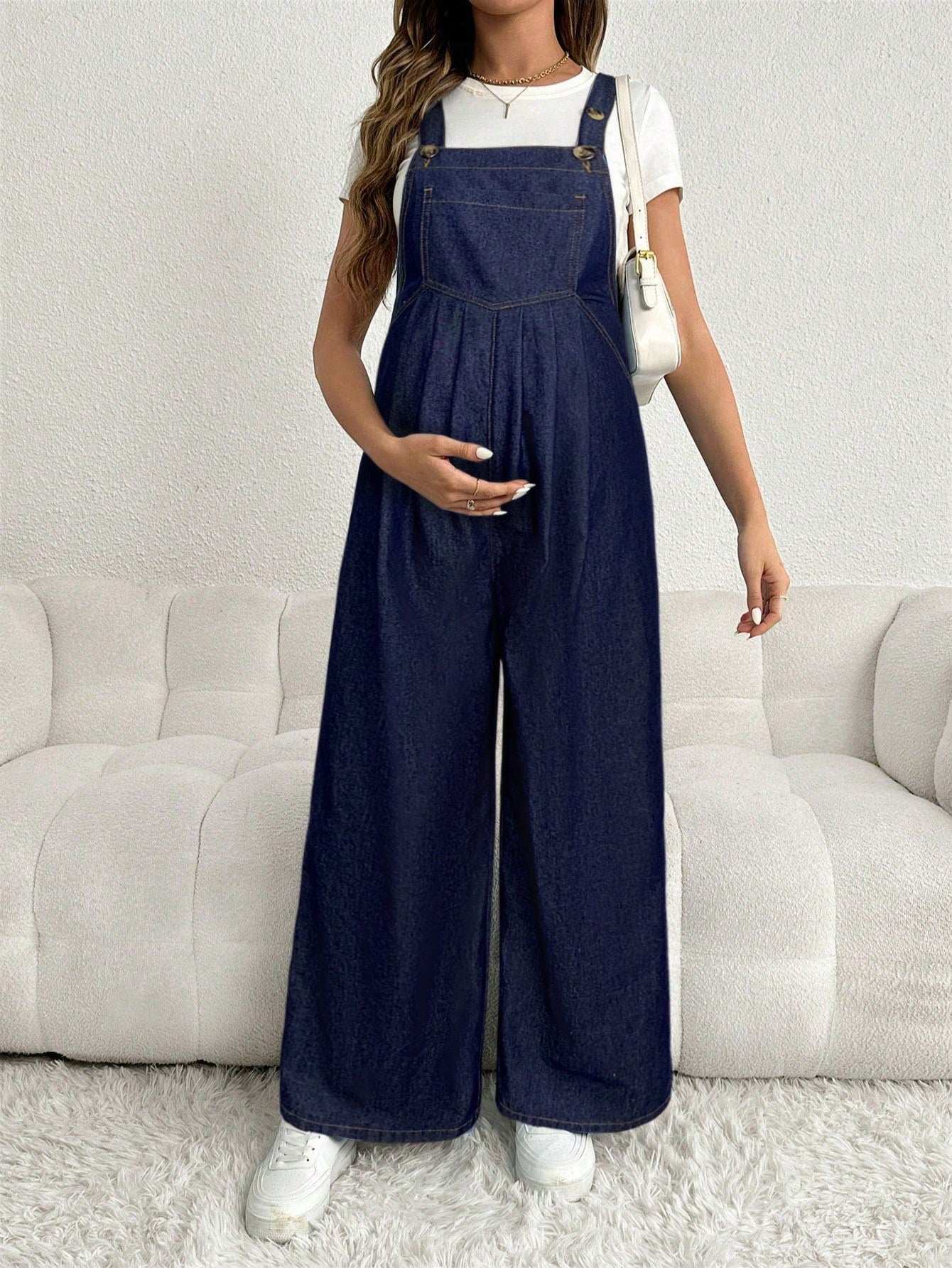 سروال جينز للحامل قابل للتعديل، سترة عادية فضفاضة واسعة الساق طويلة، لونها أزرق أزرق داكن - Pink&blue