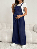 سروال جينز للحامل قابل للتعديل، سترة عادية فضفاضة واسعة الساق طويلة، لونها أزرق أزرق داكن - Pink&blue