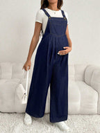 سروال جينز للحامل قابل للتعديل، سترة عادية فضفاضة واسعة الساق طويلة، لونها أزرق أزرق داكن - Pink&blue