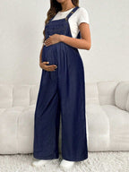 سروال جينز للحامل قابل للتعديل، سترة عادية فضفاضة واسعة الساق طويلة، لونها أزرق أزرق داكن - Pink&blue