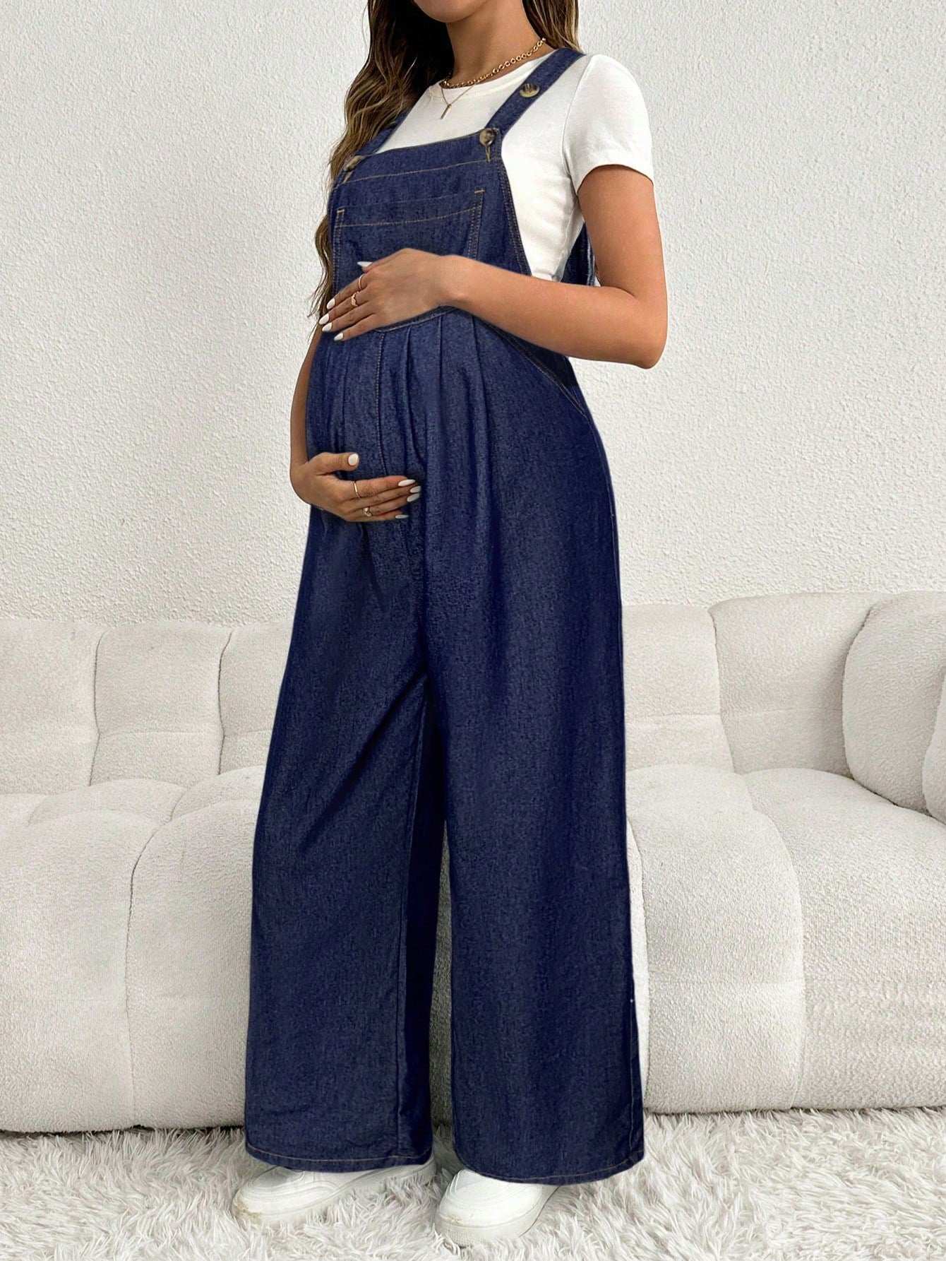 سروال جينز للحامل قابل للتعديل، سترة عادية فضفاضة واسعة الساق طويلة، لونها أزرق أزرق داكن - Pink&blue