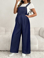 سروال جينز للحامل قابل للتعديل، سترة عادية فضفاضة واسعة الساق طويلة، لونها أزرق أزرق داكن - Pink&blue