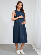 فستان جينز للحوامل بدون أكمام مصنوع من جيوب جانبية قماش ملونة، كاجوال صيفي - Pink&blue