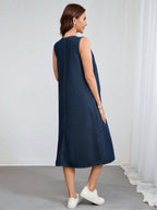 فستان جينز للحوامل بدون أكمام مصنوع من جيوب جانبية قماش ملونة، كاجوال صيفي - Pink&blue