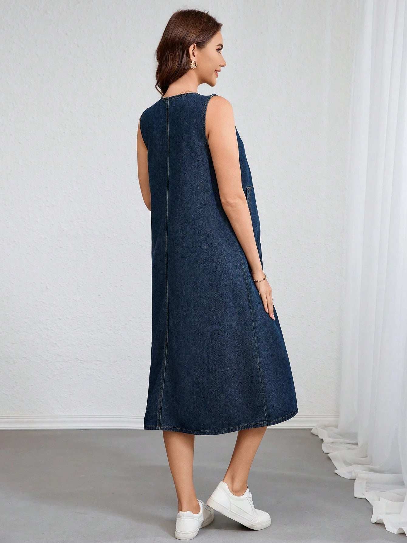 فستان جينز للحوامل بدون أكمام مصنوع من جيوب جانبية قماش ملونة، كاجوال صيفي - Pink&blue