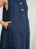 فستان جينز للحوامل بدون أكمام مصنوع من جيوب جانبية قماش ملونة، كاجوال صيفي - Pink&blue