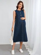 فستان جينز للحوامل بدون أكمام مصنوع من جيوب جانبية قماش ملونة، كاجوال صيفي - Pink&blue