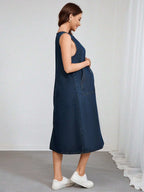 فستان جينز للحوامل بدون أكمام مصنوع من جيوب جانبية قماش ملونة، كاجوال صيفي - Pink&blue