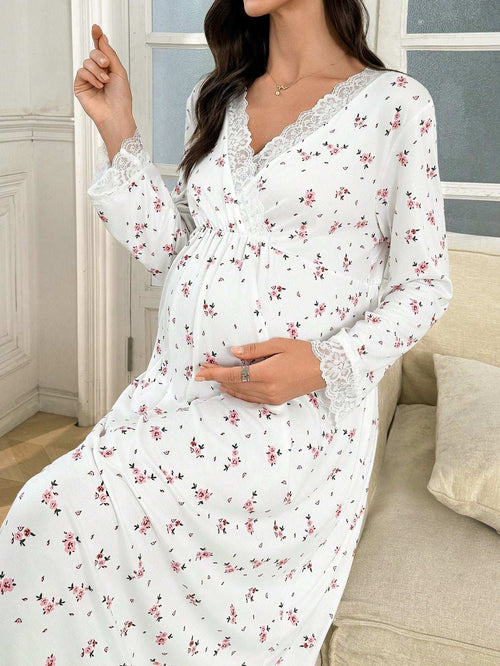 Moonlight & Mama فستان نوم للحوامل بياقة على شكل حرف V وخصر مطاطي، مزين بالدانتيل والزهور الصغيرة، مريح وأنيق للخريف - Pink&blue