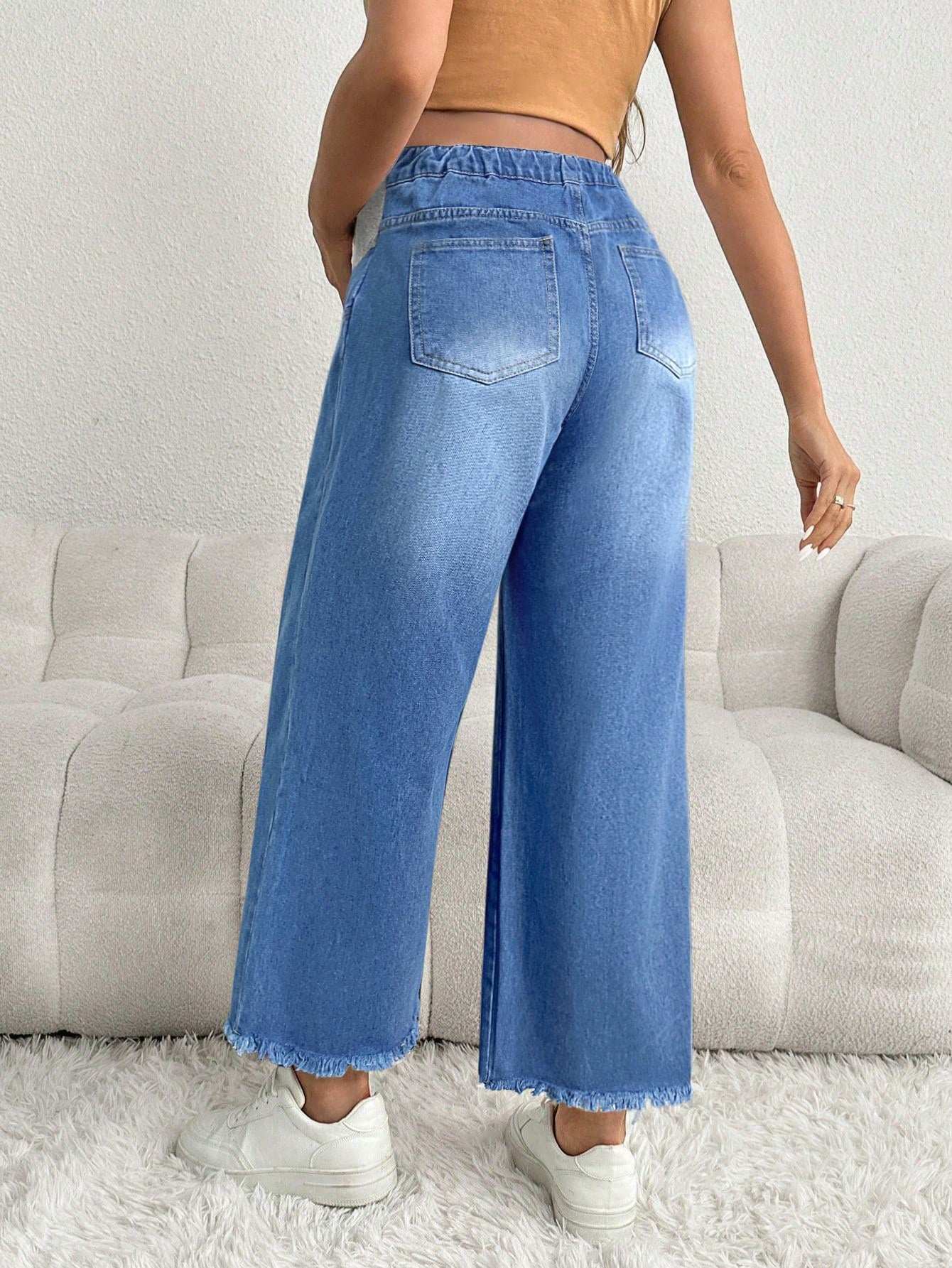 بنطلون جينز للحوامل قصير باذنجاني فضفاض مع خصر رمادي - Pink&blue