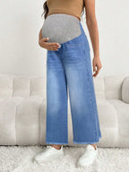 بنطلون جينز للحوامل قصير باذنجاني فضفاض مع خصر رمادي - Pink&blue