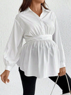 بلوزة كاجوال نساء حوامل فضفاضة القصة لون أحادي مطوية على الكتف بأكمام طويلة - Pink&blue