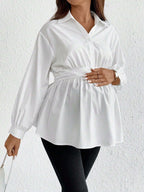 بلوزة كاجوال نساء حوامل فضفاضة القصة لون أحادي مطوية على الكتف بأكمام طويلة - Pink&blue