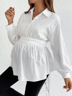 بلوزة كاجوال نساء حوامل فضفاضة القصة لون أحادي مطوية على الكتف بأكمام طويلة - Pink&blue