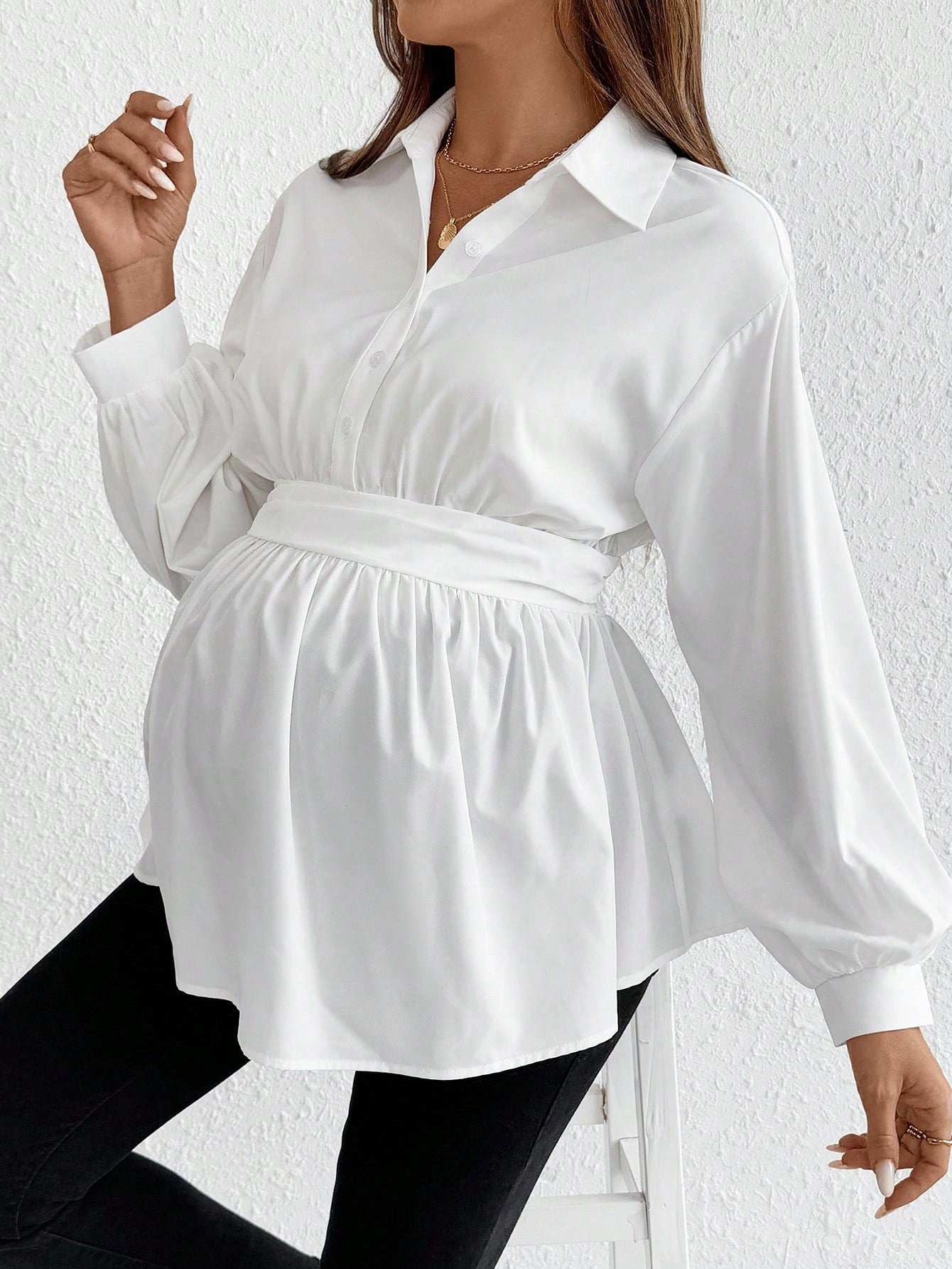 بلوزة كاجوال نساء حوامل فضفاضة القصة لون أحادي مطوية على الكتف بأكمام طويلة - Pink&blue