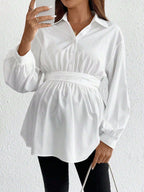 بلوزة كاجوال نساء حوامل فضفاضة القصة لون أحادي مطوية على الكتف بأكمام طويلة - Pink&blue