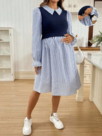 فستان رضاعة طويل الأكمام بتصميم رقعي من الألوان المخططة والصلبة - Pink&blue