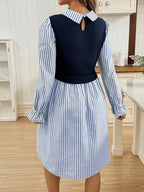 فستان رضاعة طويل الأكمام بتصميم رقعي من الألوان المخططة والصلبة - Pink&blue