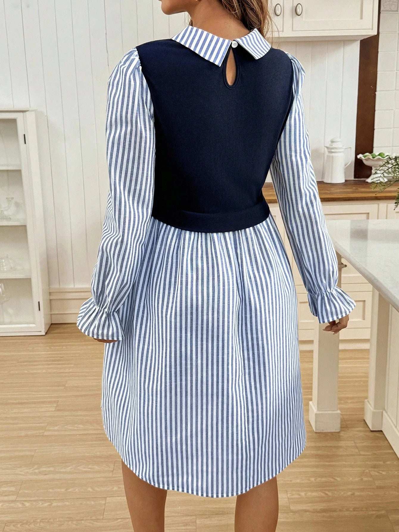 فستان رضاعة طويل الأكمام بتصميم رقعي من الألوان المخططة والصلبة - Pink&blue