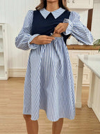 فستان رضاعة طويل الأكمام بتصميم رقعي من الألوان المخططة والصلبة - Pink&blue