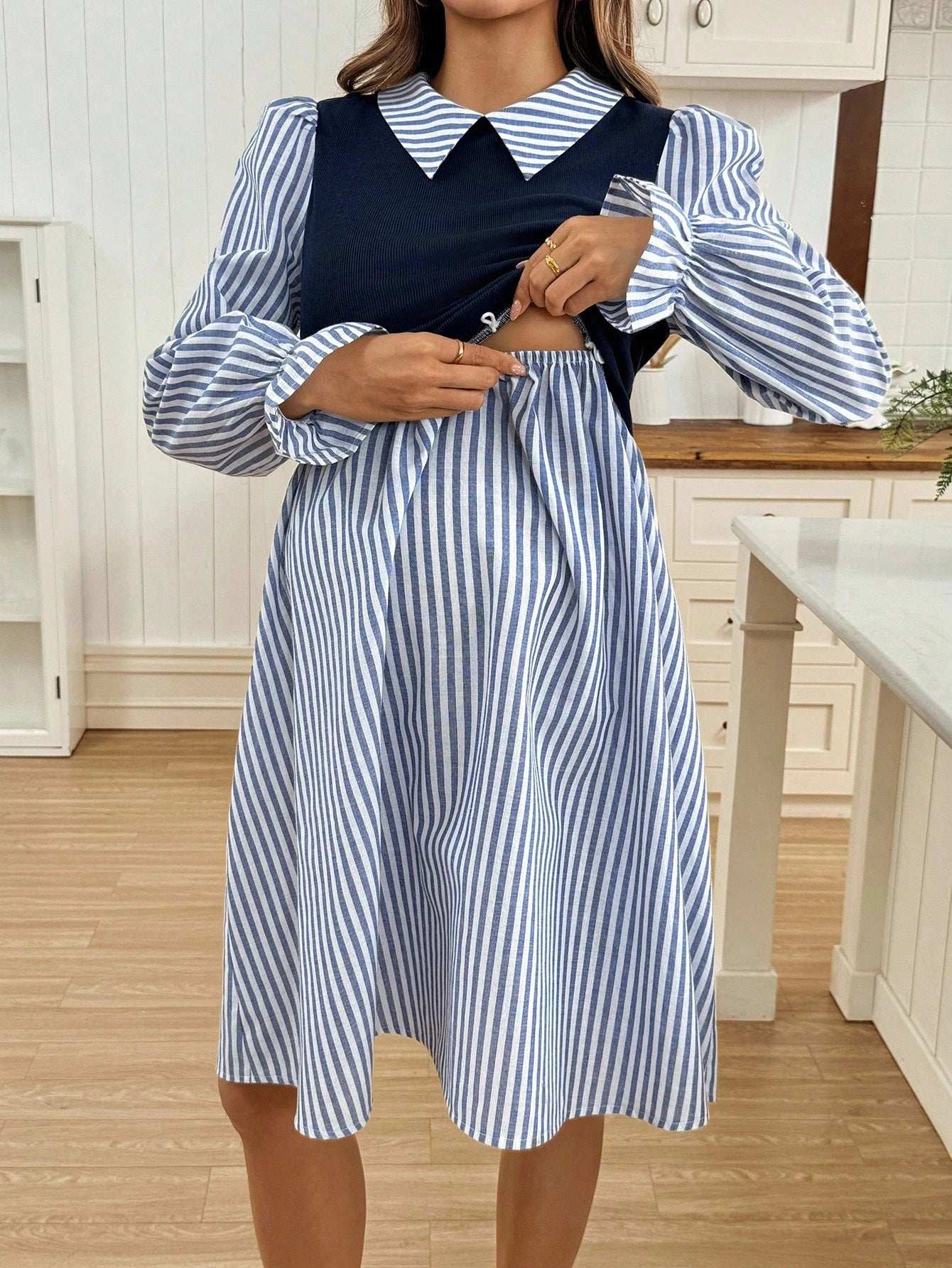 فستان رضاعة طويل الأكمام بتصميم رقعي من الألوان المخططة والصلبة - Pink&blue