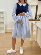 فستان رضاعة طويل الأكمام بتصميم رقعي من الألوان المخططة والصلبة - Pink&blue