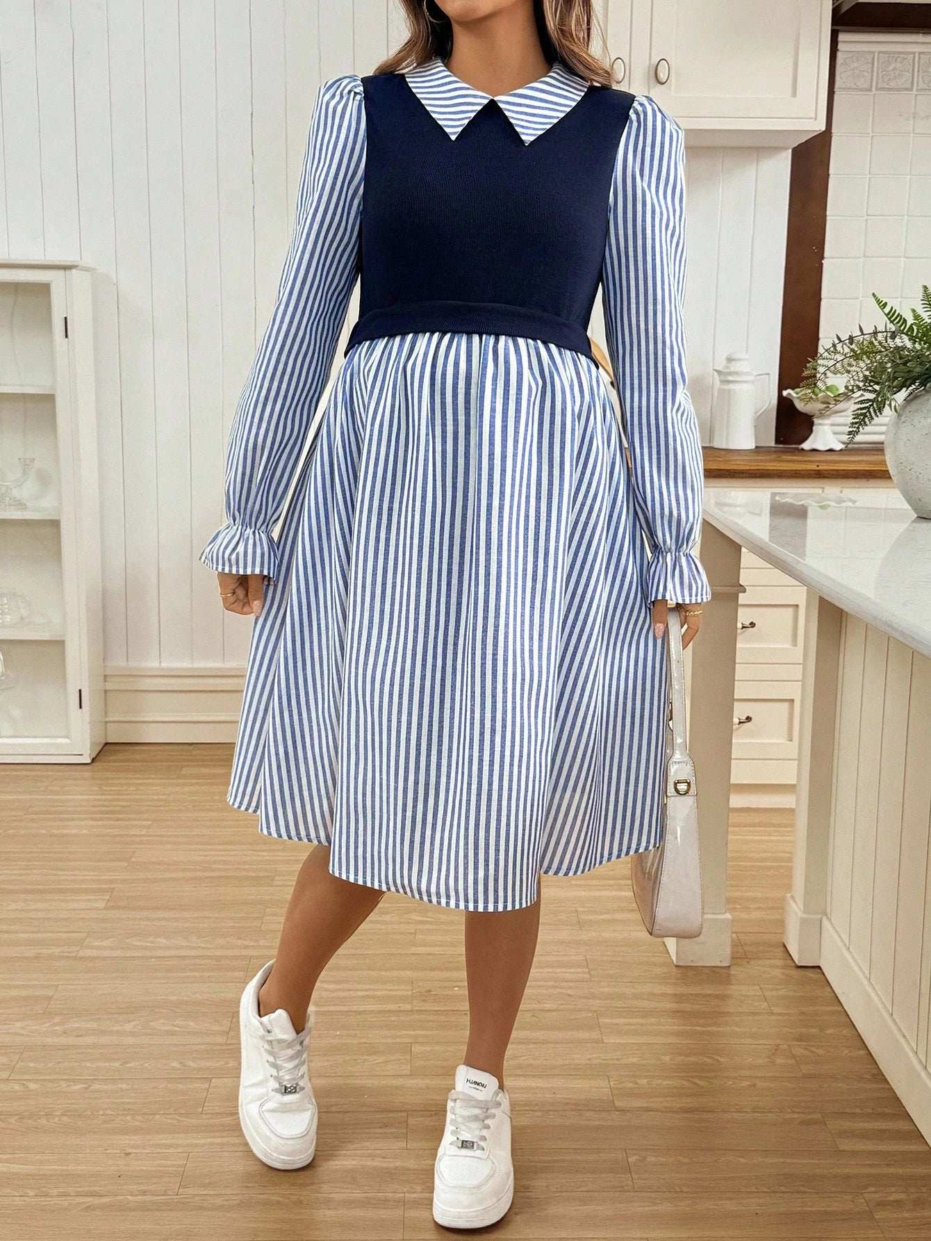 فستان رضاعة طويل الأكمام بتصميم رقعي من الألوان المخططة والصلبة - Pink&blue