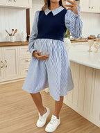 فستان رضاعة طويل الأكمام بتصميم رقعي من الألوان المخططة والصلبة - Pink&blue