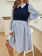 فستان رضاعة طويل الأكمام بتصميم رقعي من الألوان المخططة والصلبة - Pink&blue