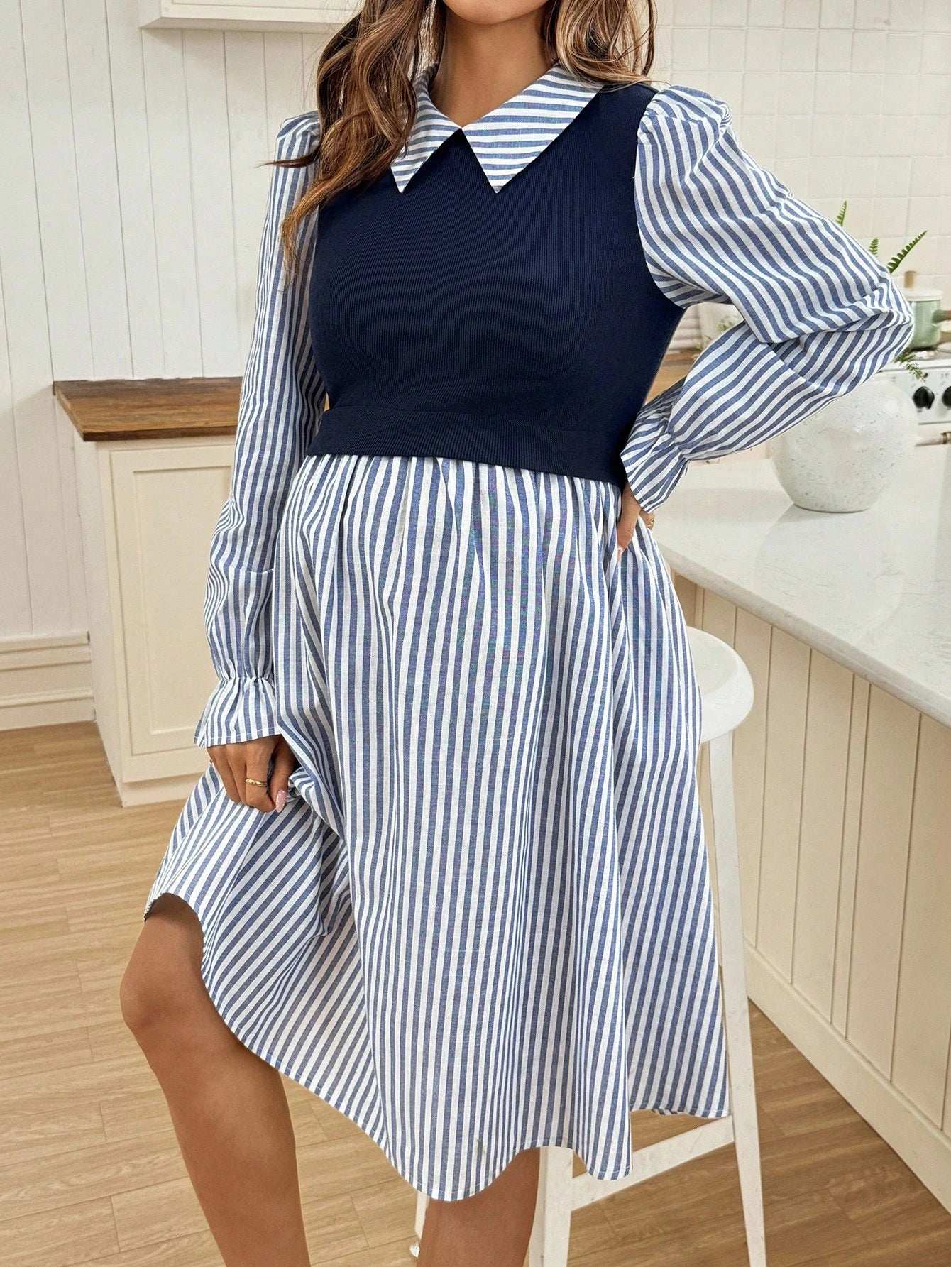 فستان رضاعة طويل الأكمام بتصميم رقعي من الألوان المخططة والصلبة - Pink&blue