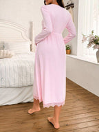 ثوب نوم أنيق مطرز بالدانتيل الفرنسي فضفاض بأكمام طويلة للحوامل، خريف - Pink&blue