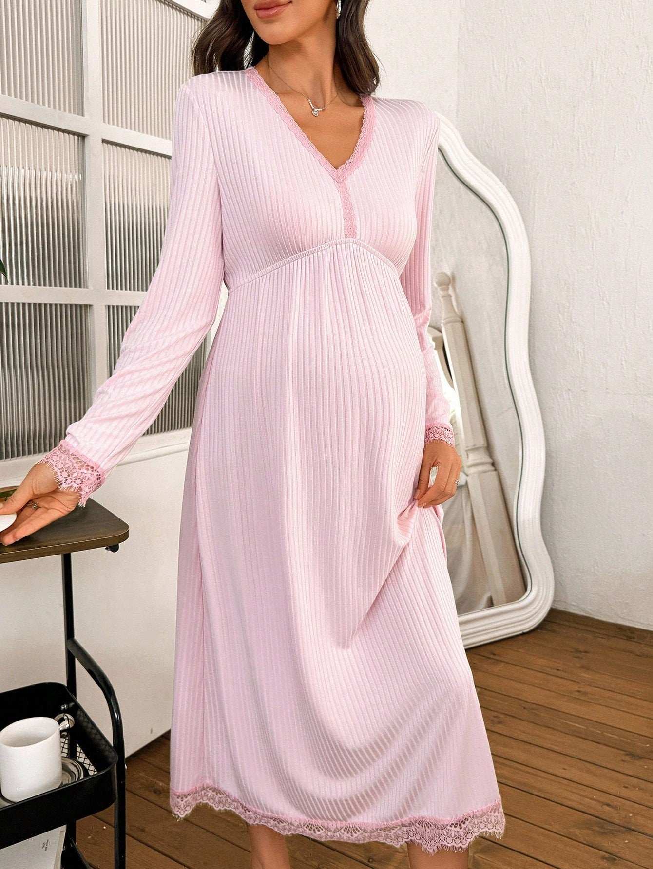 ثوب نوم أنيق مطرز بالدانتيل الفرنسي فضفاض بأكمام طويلة للحوامل، خريف - Pink&blue
