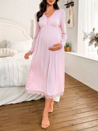 ثوب نوم أنيق مطرز بالدانتيل الفرنسي فضفاض بأكمام طويلة للحوامل، خريف - Pink&blue