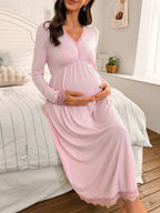 ثوب نوم أنيق مطرز بالدانتيل الفرنسي فضفاض بأكمام طويلة للحوامل، خريف - Pink&blue