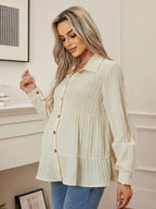 قميص حمل كاجوال بأكمام طويلة وذيل مكشكش بلون واحد - Pink&blue