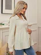 قميص حمل كاجوال بأكمام طويلة وذيل مكشكش بلون واحد - Pink&blue