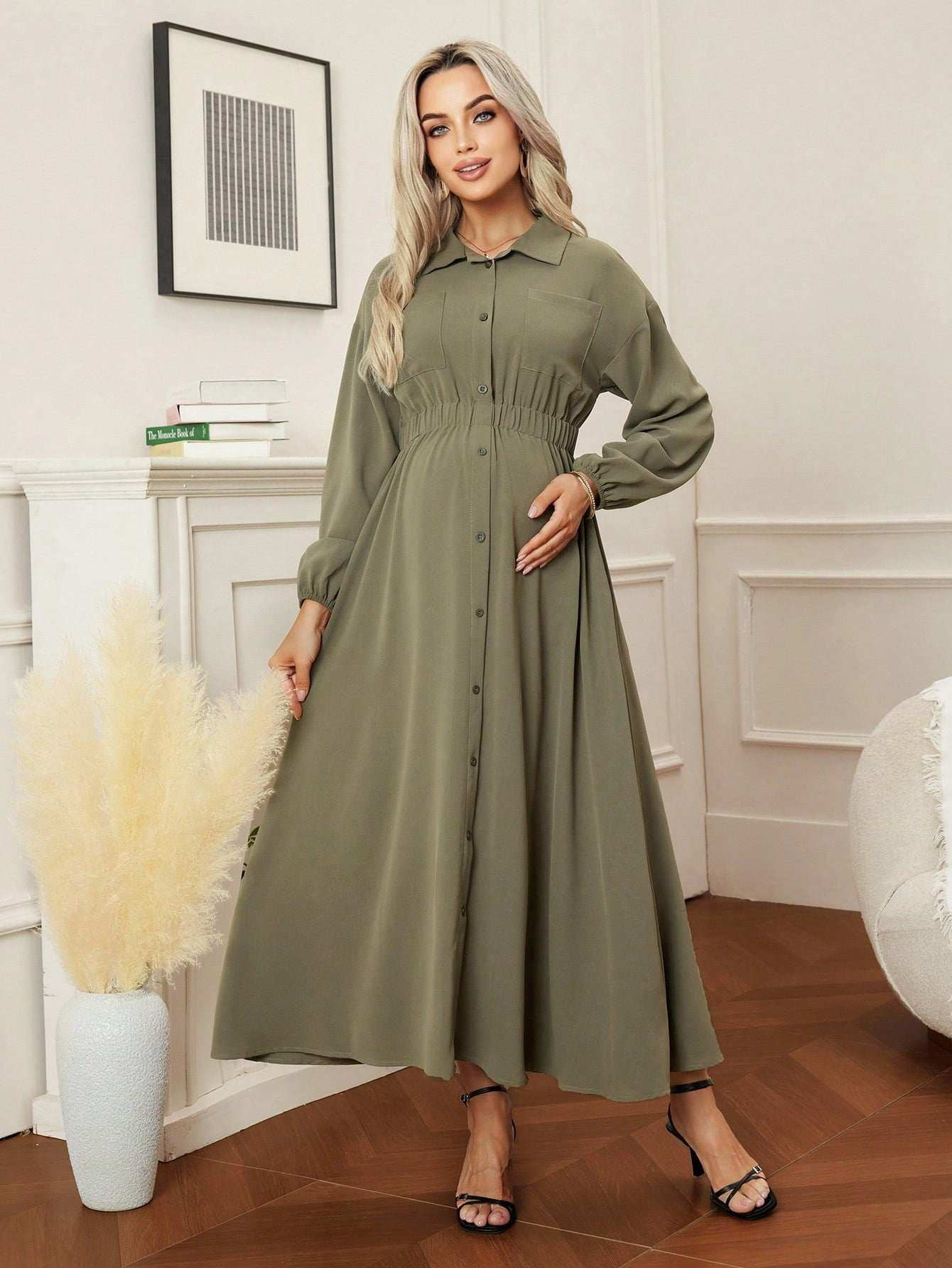 فستان حمل مع طوق، جيوب، أكمام طويلة، خصر مطاطي، مناسب للتنقل واللبس اليومي - Pink&blue