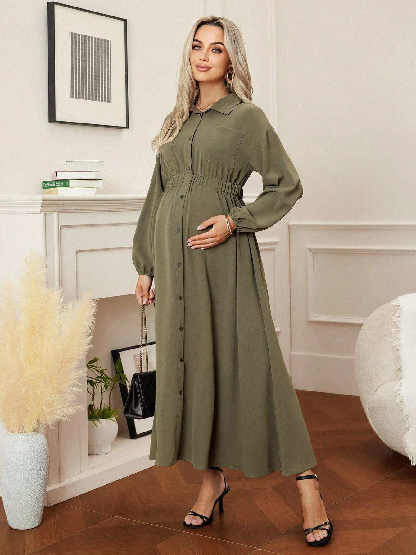 فستان حمل مع طوق، جيوب، أكمام طويلة، خصر مطاطي، مناسب للتنقل واللبس اليومي - Pink&blue