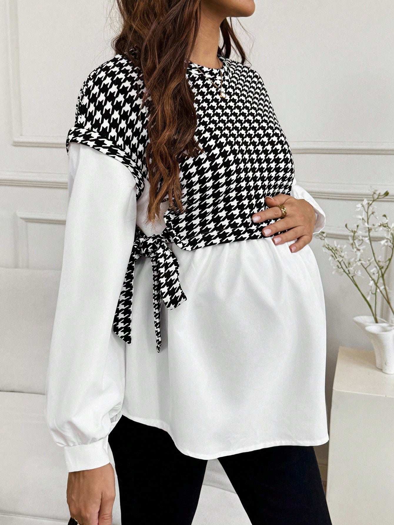 ملابس الخريف، ملابس الخريف، ملابس الحمل في الخريف، بلوزة حمل كاجوال للتنقل، بلوزة مرقعة بنمط الهندسي، بلوزة حمل بأكمام طويلة، بلوزة مربوطة الجانب، بلوزات للنساء - Pink&blue
