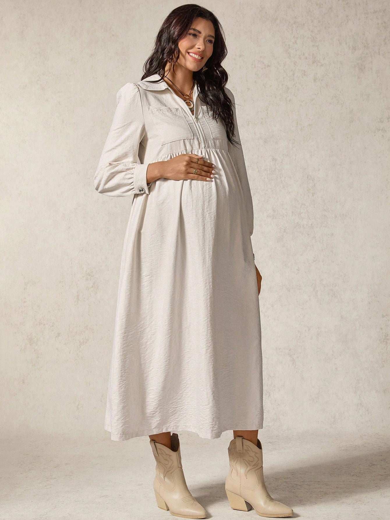 فستان حمل كاجوال أحادي اللون بأكمام طويلة - Pink&blue