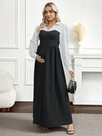 فستان أنيق طويل الأكمام مخطط بألوان متباينة للنساء الحوامل - Pink&blue