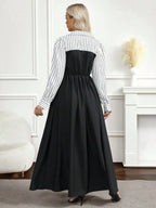 فستان أنيق طويل الأكمام مخطط بألوان متباينة للنساء الحوامل - Pink&blue