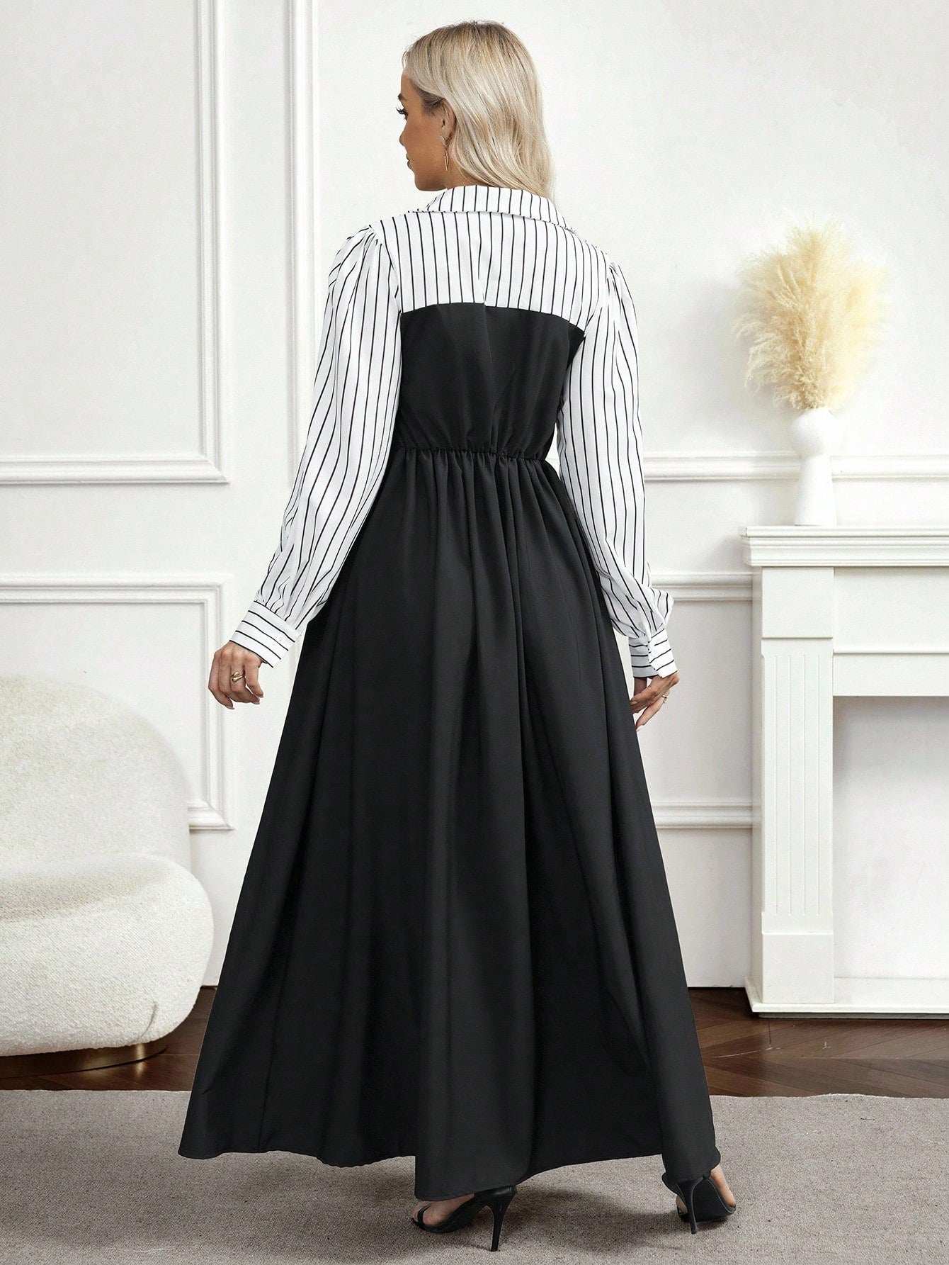 فستان أنيق طويل الأكمام مخطط بألوان متباينة للنساء الحوامل - Pink&blue